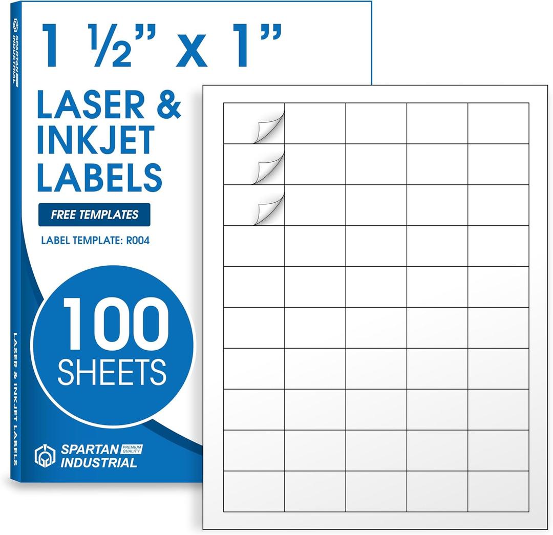 1 1/2" X 1" Printable Labels Compatible with Inkjet and Laser Printers - 100 Sheets, 5000 Total Paper Stickers for Return Addresses, UPC and EAN Barcodes - Spartan Industrial Template R004