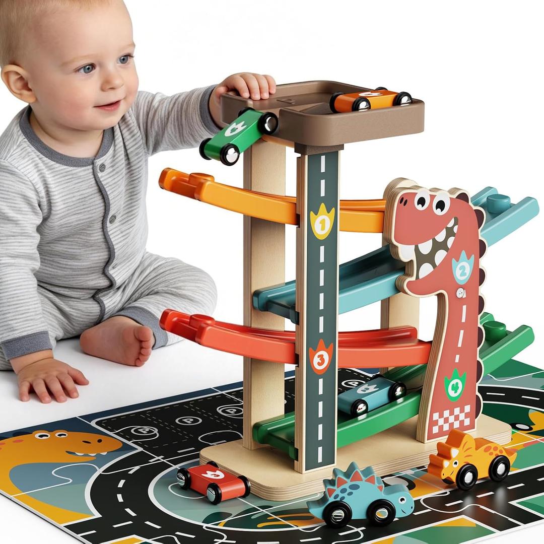 Montessori Car Ramp Toy for Toddlers 1 2 3 Year Old Wooden Dinosaur Race Track with 6 Cars & Parking Garage Kids Play Cars & Race Cars Birthday for 1-3 Boys Girls Baby Motor Skills Toy