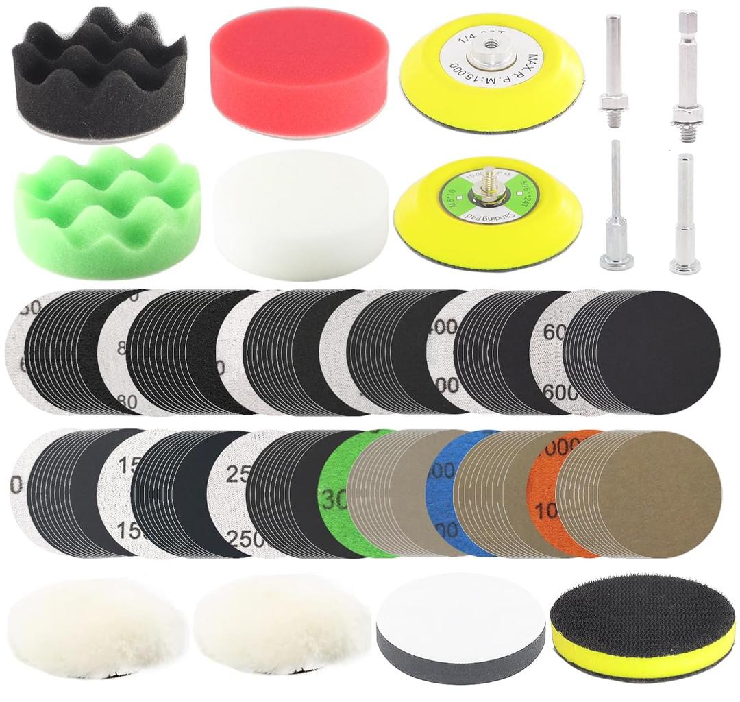 134Pcs Sandpaper 3Inch Sanding Disc Drill Polishing Kit, Wet Sanding Paper Headlight Restoration Kit, 60-10000Grit Hook & Loop Sandpaper Set for Car Wood Metal Glass Resin Expoxy