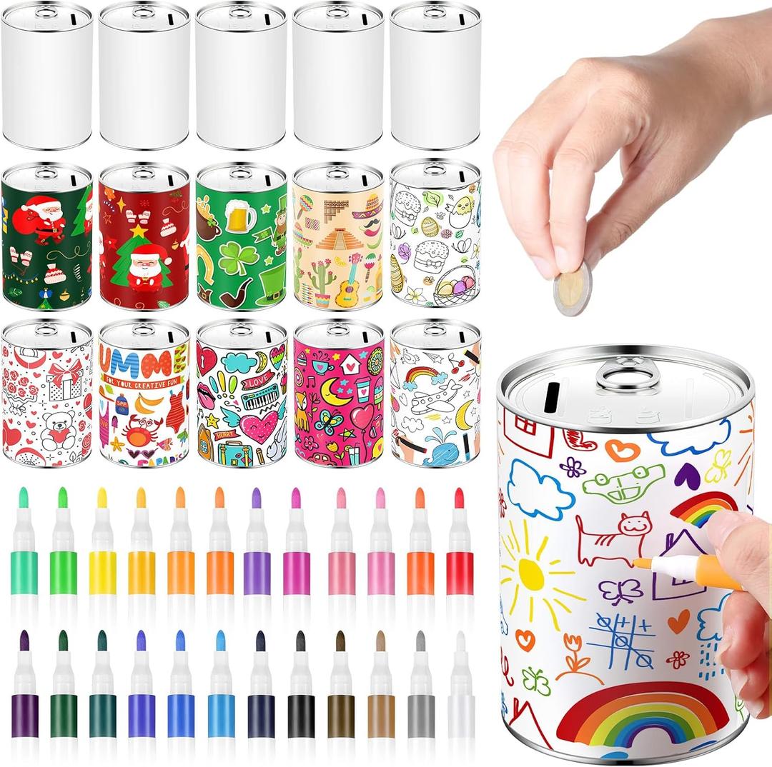 Tandefio 16 Pcs DIY Coin Piggy Bank Metal Money Piggy Bank Saving Box Operation with 24 Acrylic Paint Markers Craft for Creative Gift Boys Girls Birthday Party Supplies (White)