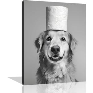 Dog Bathroom Wall Art Dog Toilet Painting Black and White Animal Bathroom Canvas Wall Art Funny Pet Animal Toilet Paper Poster Pictures for Bath Restroom Wall Framed 8X10 inch