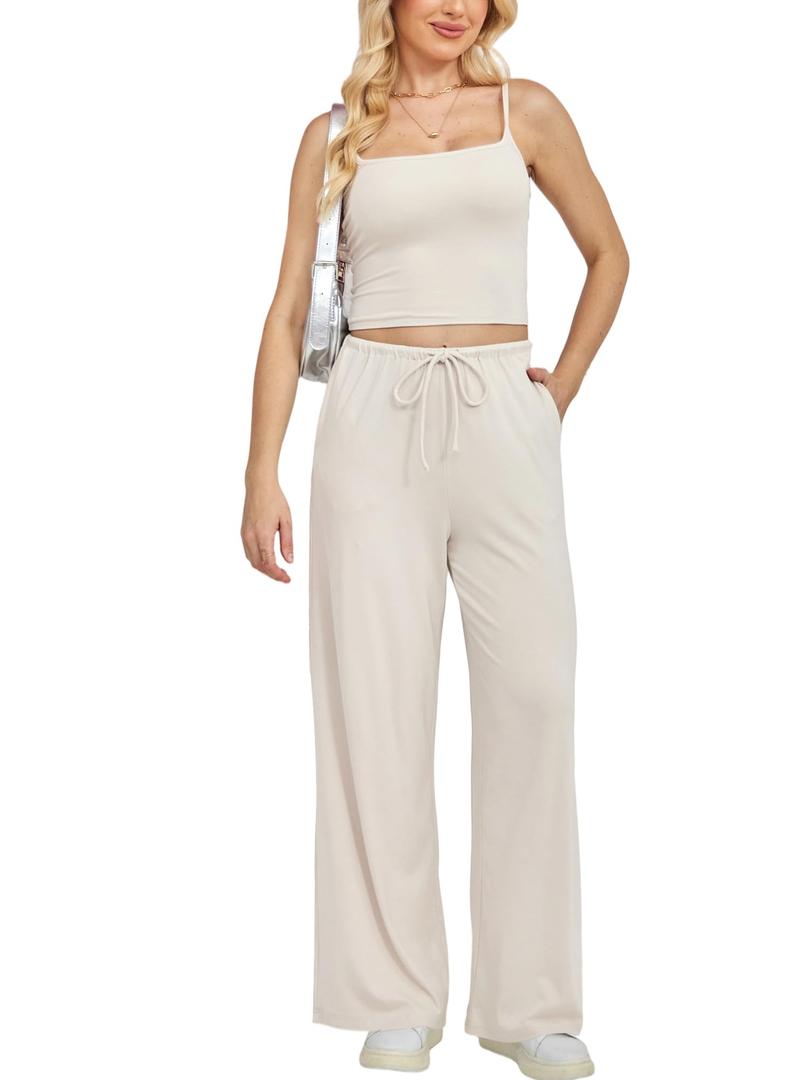 Yulaviniee Women 2 Piece Lounge Set Summer Outfits Top & Wide Leg Pants