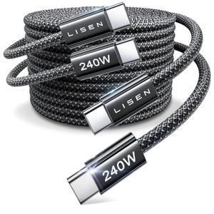 LISEN USB C to USB C Cable Fast Charging Cords 240W Type C Charger Fast Charging Cord Type C Cable for iPhone 16 15 iPad MacBook Pro Air Samsung S25 Switch,10ft+10ft/2 Pack/Black
