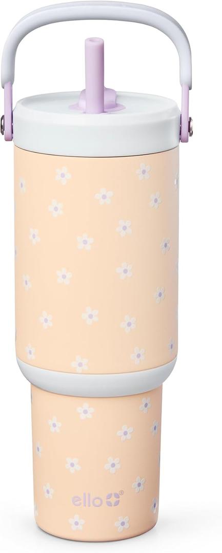 Ello Oasis Go+ 26oz Tumbler with Top Handle and Retracting Straw | Reusable Insulated Stainless Steel Cup, 100% Leakproof Water Bottle, 24 Hours Cold, Cup Holder Friendly For Travel | Daisies