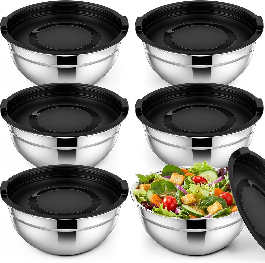 Geetery 6 Pack Stainless Steel Mixing Bowls with Airtight Lids 3qt Metal Mixing Bowl Thicker Stainless Steel Salad Bowls for Food Prep, Baking, Storage, Cooking, Serving Dishwasher Safe, 2.838 l