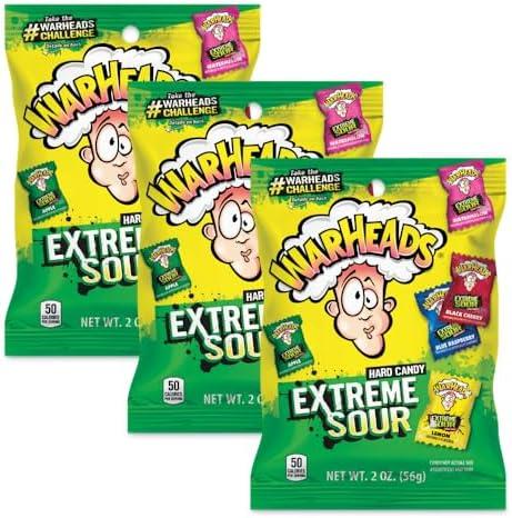 WARHEADS - Extreme Sour Hard Candy - Assorted Flavors - Sour Apple, Black Cherry, Blue Raspberry, Lemon & Watermelon Flavors - 2 oz. Bags - 12 Packs By 06/2028