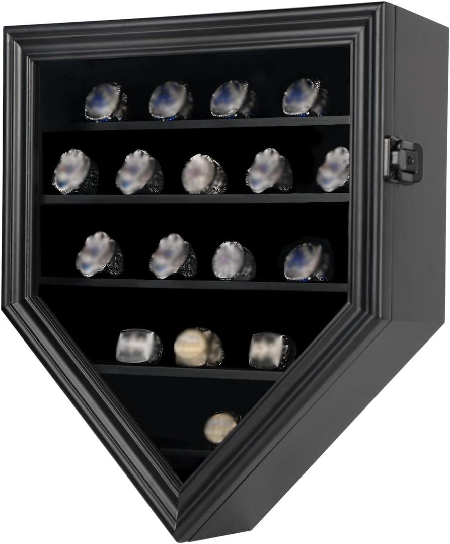 Championship Ring Display Case, 19-Post Sports Wall Cabinet with Black Anti-Theft Lock and Real Glass for Award Ring Collection