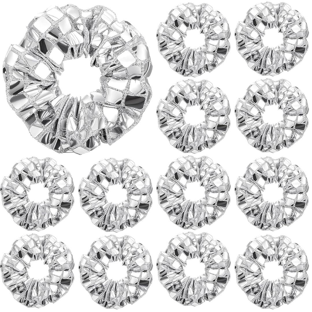 Lyrow 12 Pack Disco Ball Party Favors Sequin Bulk Hair Scrunchies Silver Shiny Glitter Sparkle Disco Metallic Accessories for 80s 90s Gift Birthday Western Bridal Shower Bachelorette (Silver)