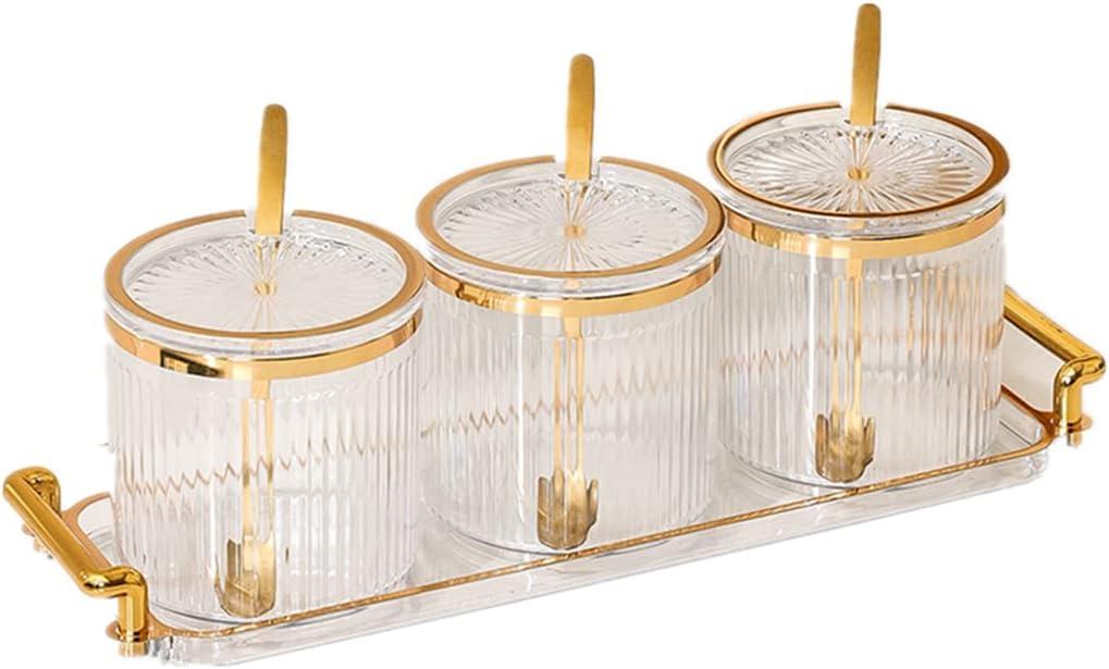 Acrylic Condiment Spice Jars and Box with Lids, Spoons, Tray - 3 Pack, Clear Plastic Canisters, Seasoning Box Set for Salt, Paprika, Sugar - Kitchen Storage (3 Jar, White)