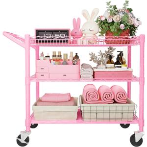 YNN Pink Rolling Cart, 990Lbs 3 Tier Heavy Duty Metal Cart with Wheels & Handle NSF Wheeled Cart 31" D x 18" W x 33" H for Bedroom, Bathroom, Kitchen,Garden,Decor,Serving, Large