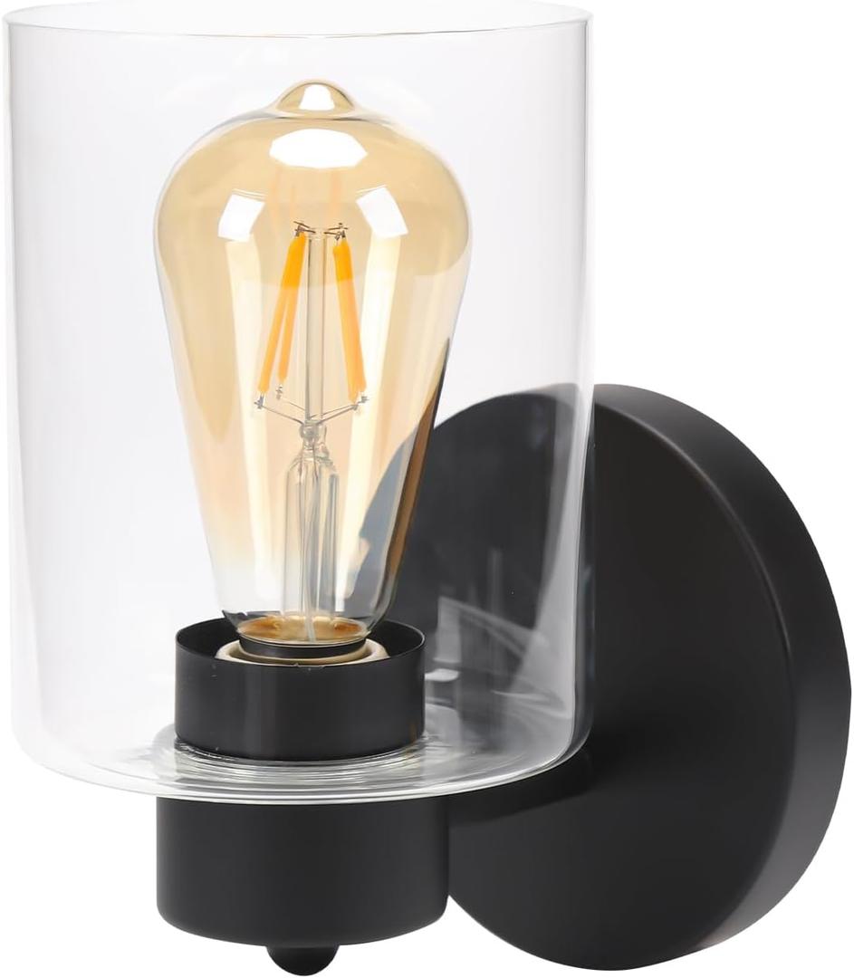 Wall Sconces, Matte Black Vanity Light Fixtures, Indoor Wall Lights with Clear Glass Shade, Hardwired Farmhouse Wall Lamp for Bedroom Living Room Bathroom (E26 Base 1pcs)