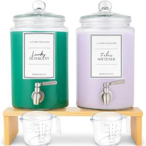Large 1 Gallon Laundry Liquid Detergent Dispenser with Spigots and Measuring Cups, 4L Laundry Soap Holder Organizer for Fabric Softener, Soap, Glass Containers