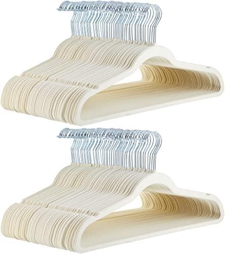 Amazon Basics Slim, Velvet, Non-Slip, Space-Saving Suit Clothes Hangers, Pack of 100, Ivory/Beige