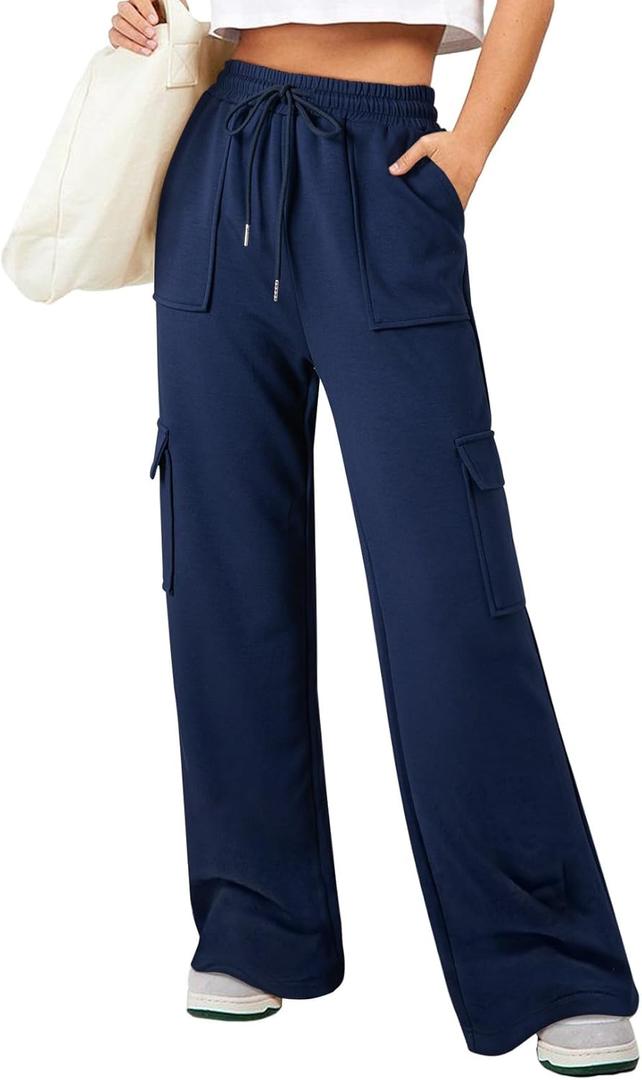 Aleumdr Women's Cargo Sweatpants High Waisted Wide Leg Pants Athletic Casual Baggy Sweat Pants with Pockets (XX-Large, Navy Blue)
