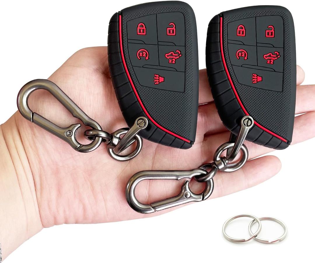 TANDRIVE Key Fob Cover for 2022 2023 2024 2025 Chevy Silverado 1500 GMC Sierra 1500, 2024 2025 Silverado Sierra 2500HD 3500HD, Silicone, 2-Pack, Red Button, Black