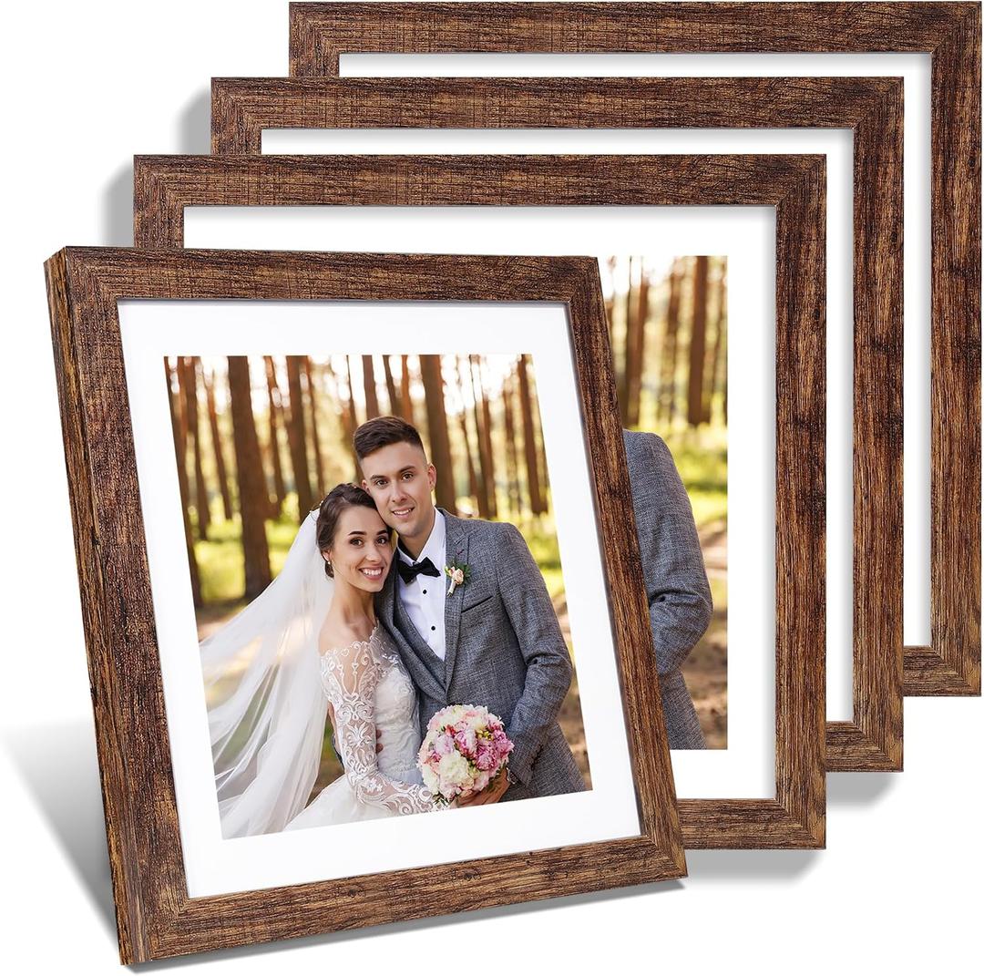 Hongkee 12x12 Picture Frame Set of 4 - Made of Glass and Rustic Brown Wooden Frame, Display Square Pictures 10x10 with Mat or 12 x 12 without Mat, Desktop & Wall Collage Photo Frame, 12x12 in