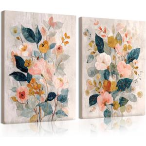 RUMSICH 2 Pcs Watercolor Floral Canvas Wall Art Colorful Wildflowers Print Posters Bohemian Botanical Wall Decor Modern Minimalist Flower Paintings Artwork Pictures Living Room Bedroom 12x16 Inch