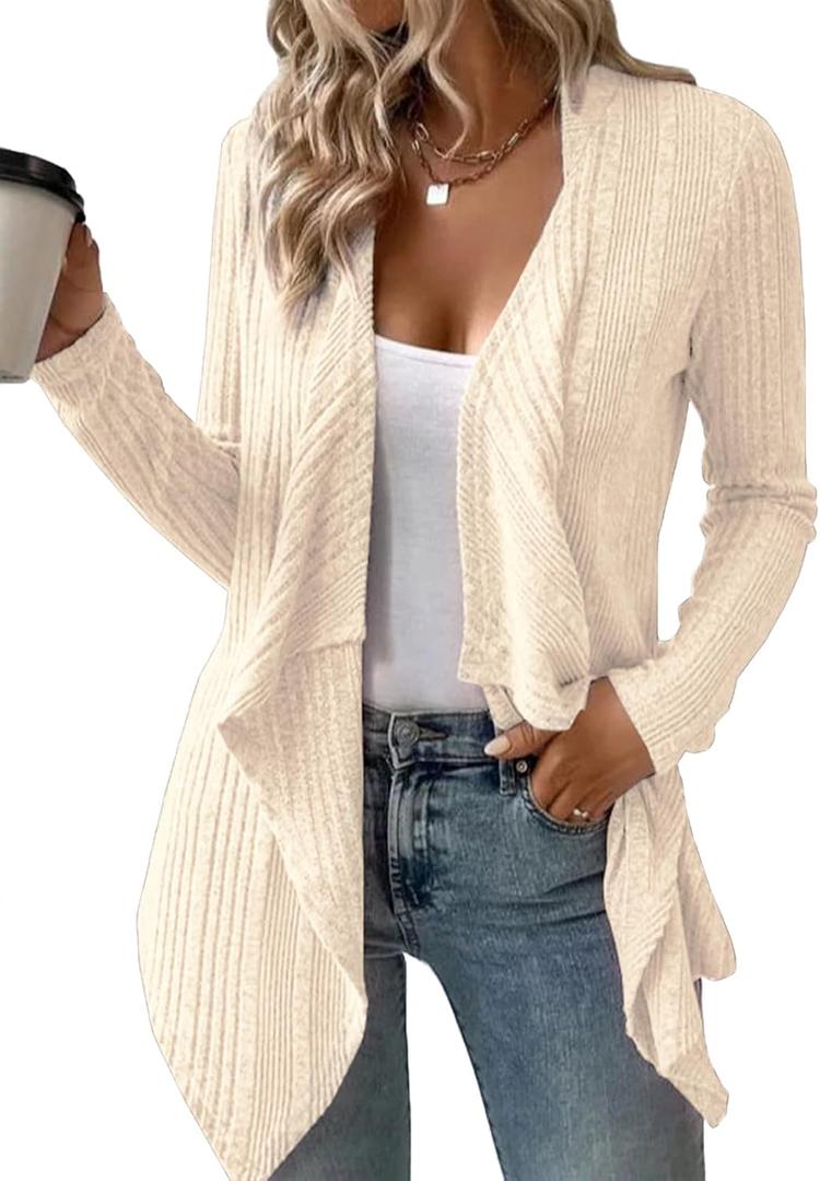 Women's Draped Open Front Lightweight Cardigan Tops Casual Long Sleeve Knit Outerwear Coffee Look (Medium, Beige)