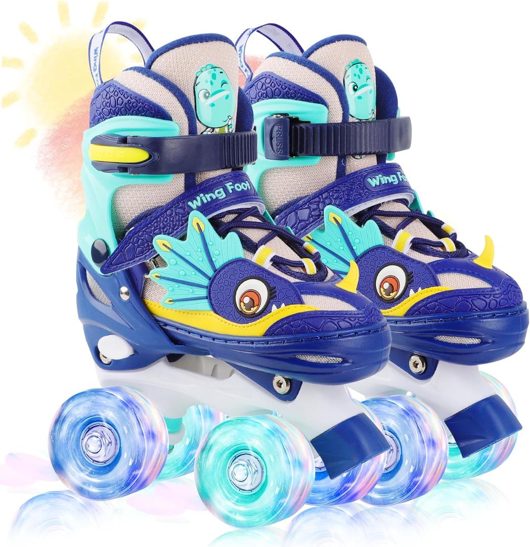 Dino Kids Toddler Roller Skates for Boys Girls, WESKIFAN Dinosaur Quad Skating Shoes with Shiny Light up Wheels&Adjustable Sizes Beginners rollerskates for Birthday Xmas Gifts, X-Small-Toddler (7C~10C), Blue