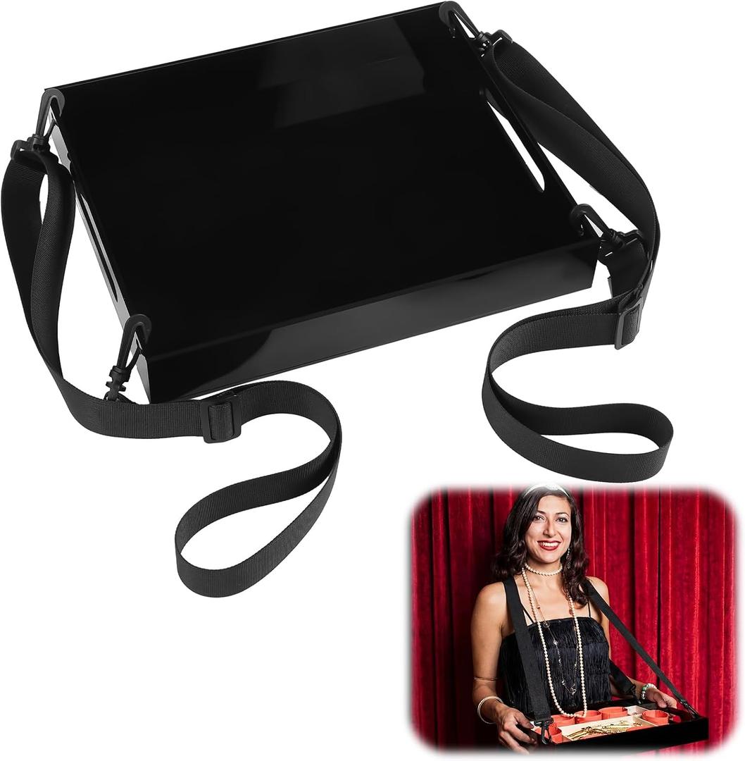 Novabright 1 Pack Acrylic Snack Serving Tray with Adjustable Strap 13 x 11 x 2 Inch Wearable Snack Serving Trays Carrier Tray for Girl 20's Theme and Movie Night Party Carnival (Black)