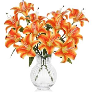 Hollyone 6 Heads Orange Artifical Lily Flowers 2Pcs Fake Fall Flowers Artificial for Decoration Faux Stargazer Lilies Flowers Bush Arrangement Bouquets Lily Stem for Indoor Outdoor Home Fall Decor