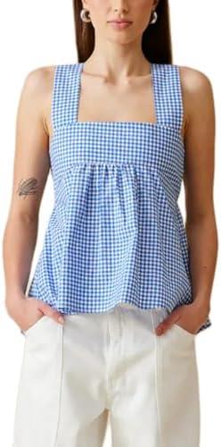 Women Y2k Going Out Tank Tops Gingham Square Neck Peplum Cami Tank Sleeveless Backless Shirt Bowtie Blouse Summer, S