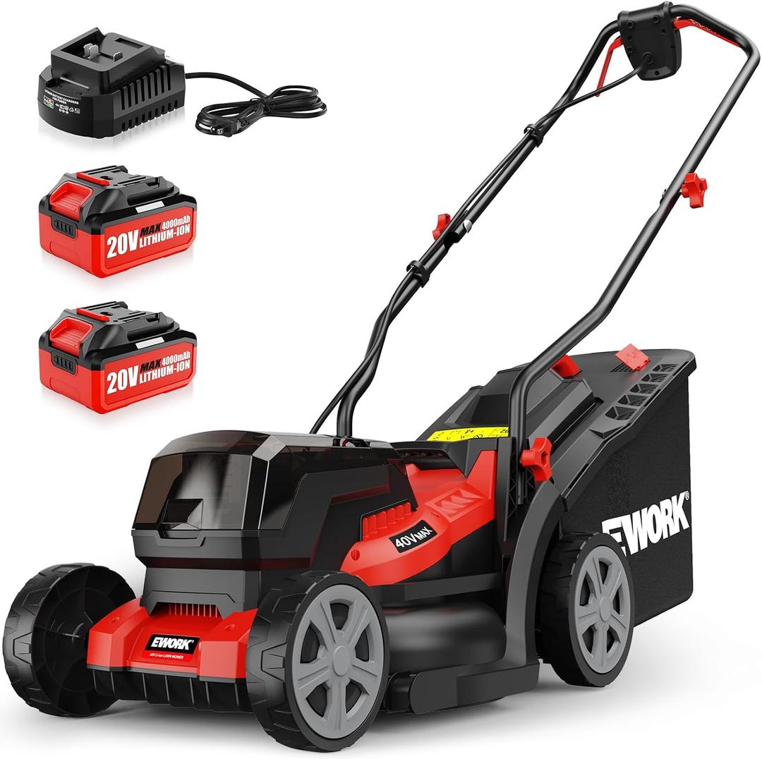 EWORK 40V Electric Lawn Mower Cordless, 14" Electric Push Mower with Grass Catchers, 2 x 4.0 Ah Batteries & Charger, 6-Height Adjustment, 21 lbs Lightweight Battery Powered Lawnmower for Small Yard