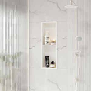 Qeke Stainless Steel Shower Niche 8" X 24", No Tile Needed Wall Niche Double Shelves, Recessed Shower Shelf for Bathroom Storage, Matte White
