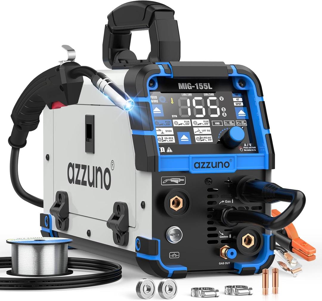 AZZUNO Aluminum MIG Welder 155A, 110V/220V Dual Vlotage 5 in 1 Gas MAG/Aluminum MIG/Gasless Flux Core MIG Welder/Stick/Lift TIG Welding Machine, Multiprocess Wire Feed Welder Machine