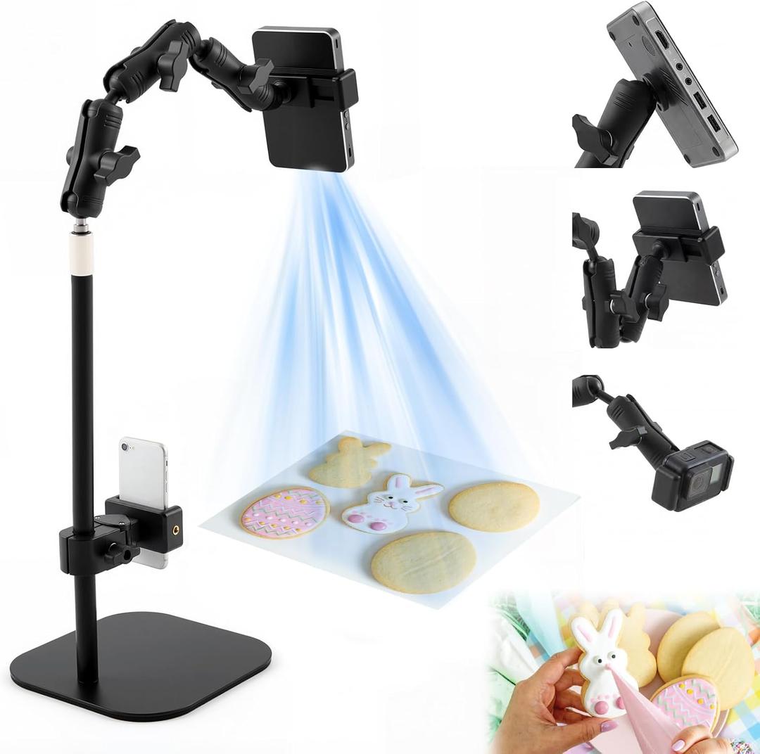 25 Inch Dual Phone Holder & Pico Projector Stand, Adjustable up to 31.5 Inches High, with 2 Universal Phone Clamp Holder, Adjustable Overhead Mount for Video Recording, Crafting, Cooking