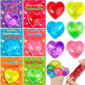 24 Pack Valentine Day Gifts for Kids Classroom Valentines Cards with Heart Fidget Stress Balls for Kids School Stretchy Ball Squeeze Toys Valentines for Class Exchange Gifts Party Favors Boys Girls