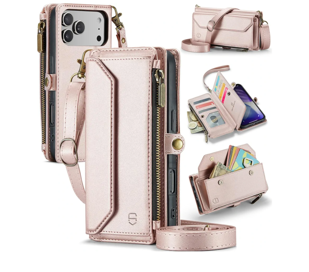 Wallet Case Compatible with iPhone 17 Pro Max 6.9" RFID Blocking 10-Card Holder Soft PU Leather Magnetic Snap Shoulder Strap Zipper Pocket Phone Case Fit for iPhone 17 Pro Max - Rose Gold