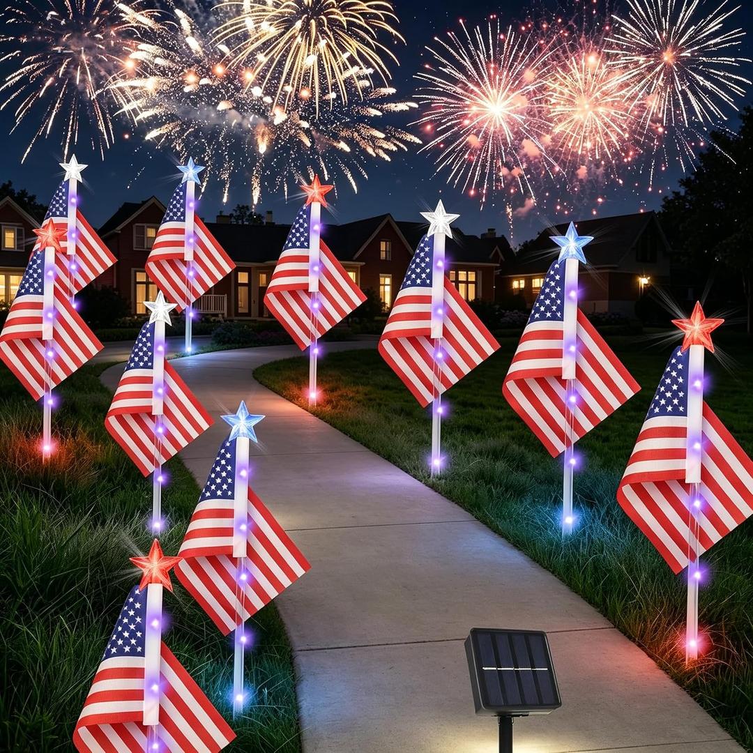 8 Pack Solar American Flag Pathway Lights - Patriotic Red White Blue Outdoor Stake Waterproof LED, Decorations 4th of July Memorial Day & Independence Day Yard Garden