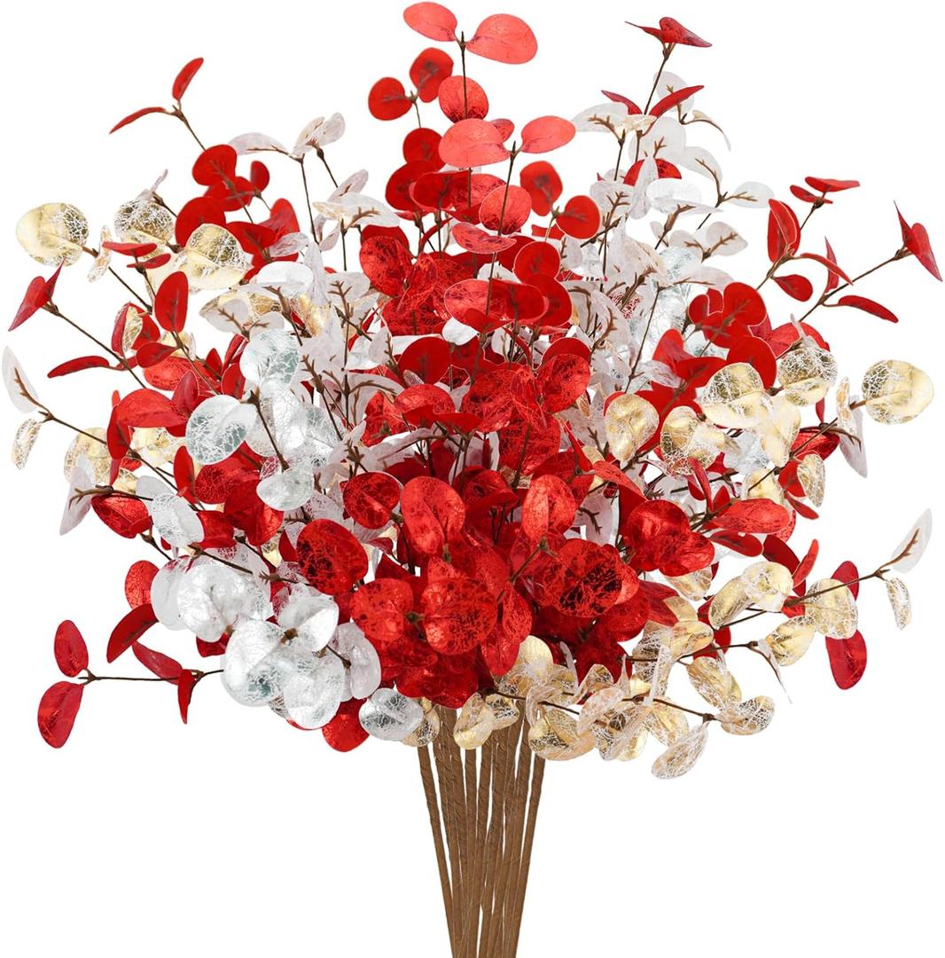 16 Pcs Artificial Eucalyptus Leaves Stems 28 Eucalyptus Branches Fake Christmas Flowers Decoration Eucalyptus Plant for Home Fireplace Holiday Wedding Xmas Tree Winter Dcor (Color)