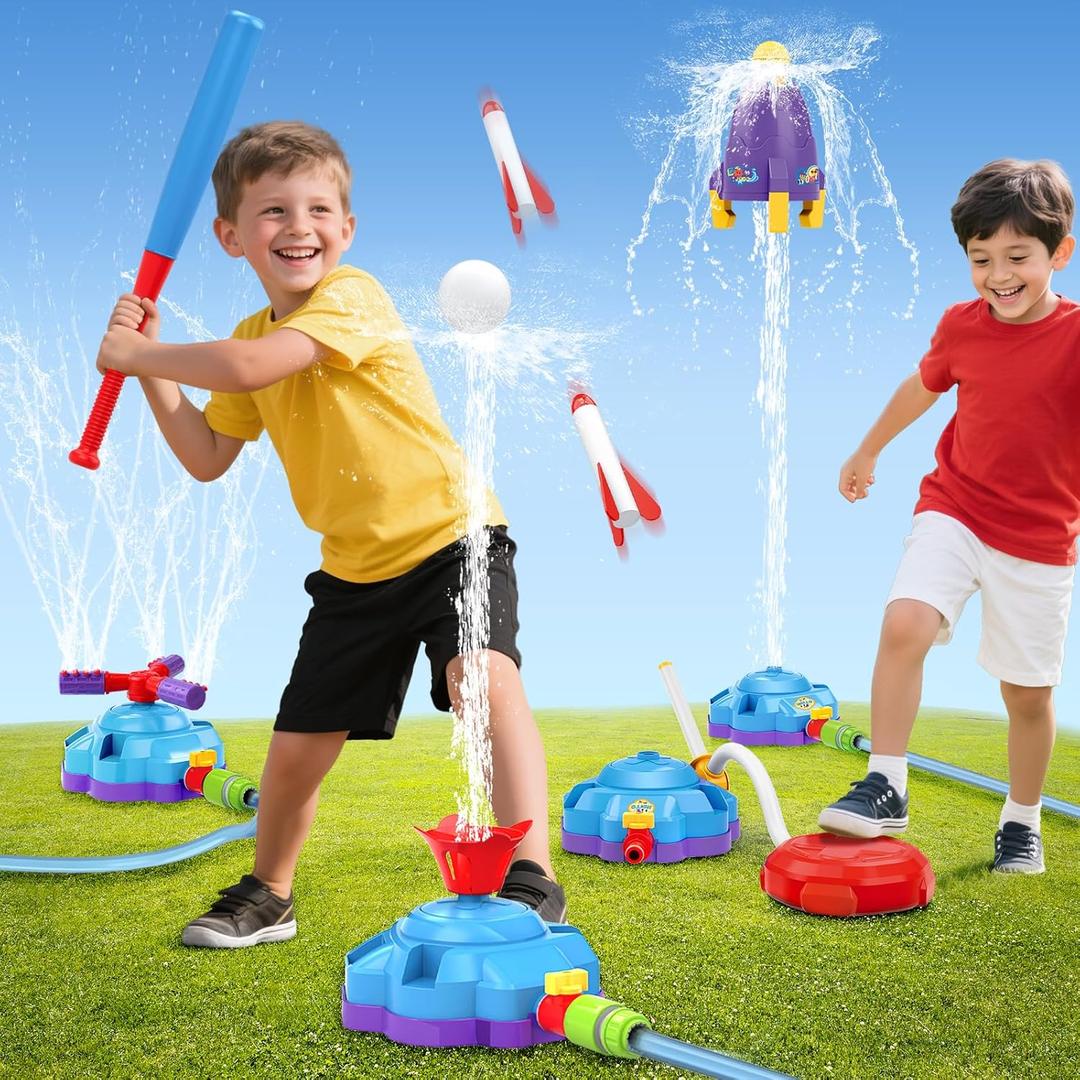 4-in-1 Water Sprinkler Baseball Toy, Water-Spraying Rocket, Water Baseball Game, Rocket Launch Game, Spinning Water Sprayer Outdoor Summer Toys for Boys Girls Outside Water Game Toys for Kids 3-12