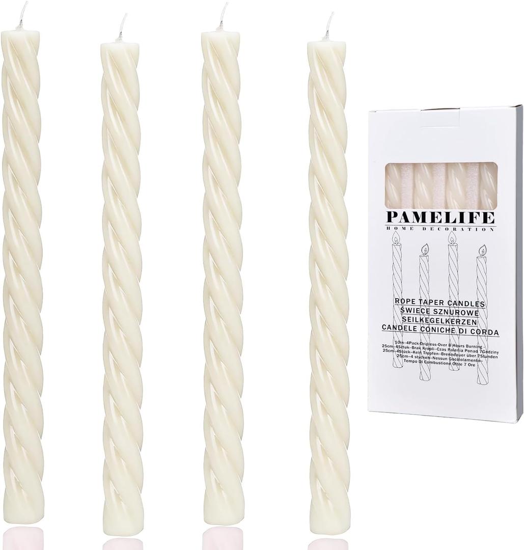 10 Inch Spiral Ivory Taper Candles, 4 Pack Unscented Dripless Long Burning Time Gloosy Fall Candlesticks for Dinner Party, Wedding Shower and Home Decoration (Ivory)