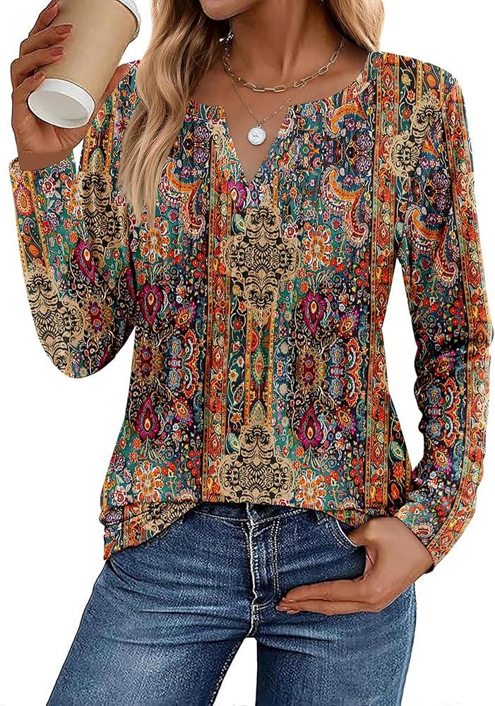 Zeagoo Womens Long Sleeve Tops 2025 V Neck Pleated Shirts Dressy Casual Tunic Blouses Loose Fit Fall Fashion Clothes Size Large