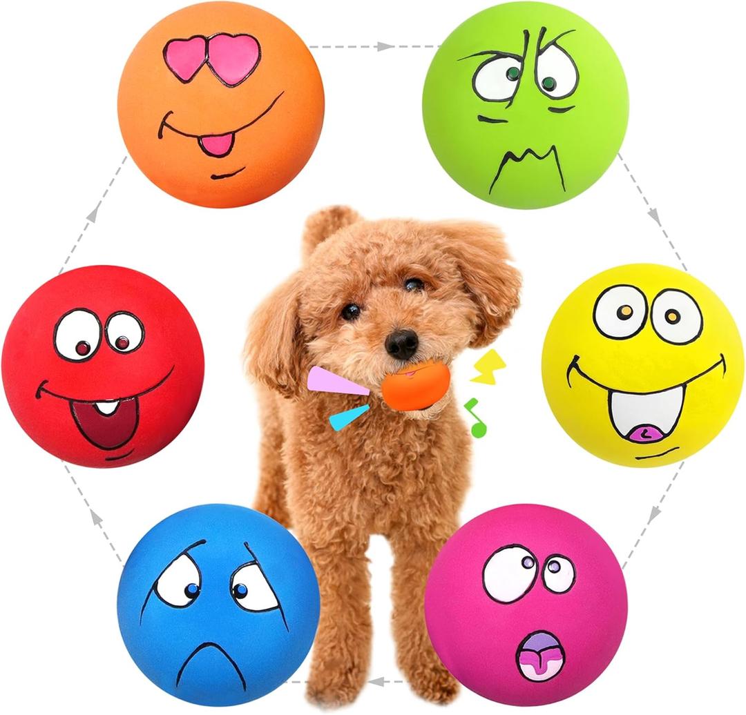 Guiwawa Dog Squeaky Toys Balls for Teething Puppies, Small, Medium Dogs, Latex Smiley Face Bouncy Cute Face Pet Dog Toys 6 Pcs/Set