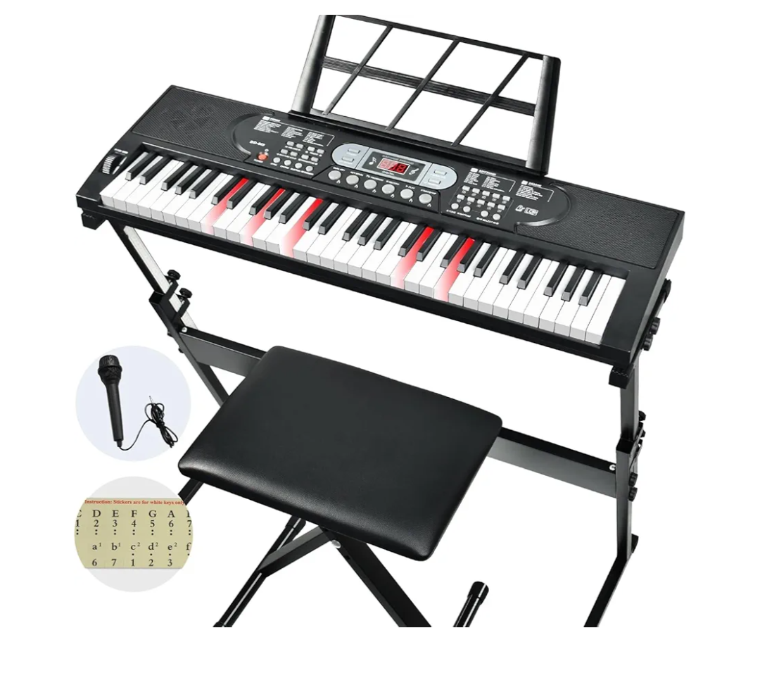 61 Key Keyboard Piano, Electric Piano Keyboard with Lighted Keys, Pitch Bend, Built-in Speakers- Includes Piano Stand and Bench, Microphone, Portable Keyboard Piano for Beginners