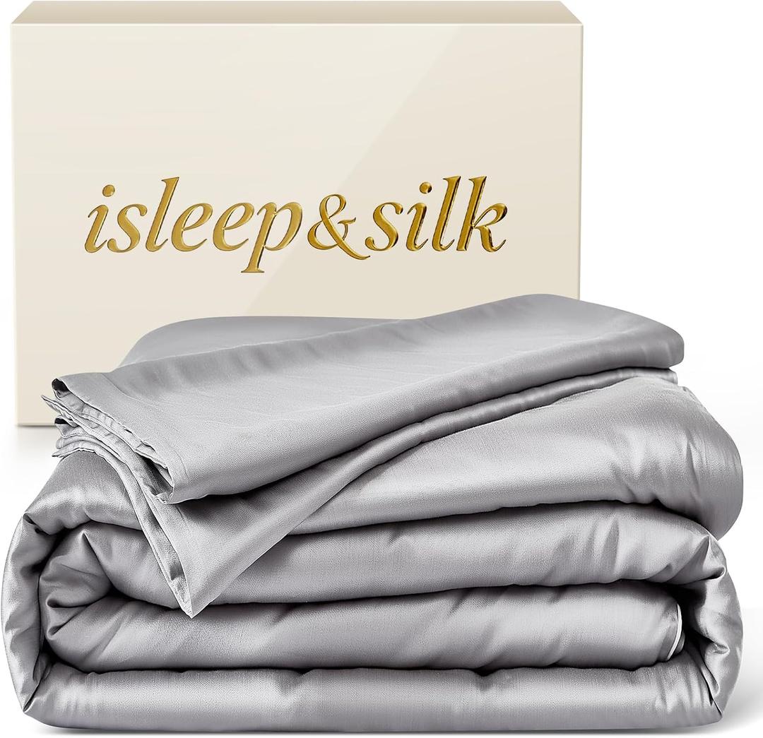 Silk Comforter Set 4 Pieces, All-Season 100% Silk Filled Comforter with Detachable Duvet Cover, Moisture-Wicking, Bedding Set with Comforter Insert, Duvet Cover, 2 Pillowcases (Grey, Queen)