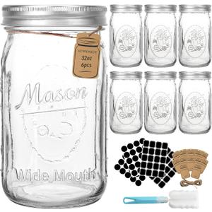 CycleMore 32oz Mason Jars, 6 Pack Large Glass Mason Jar with Metal Airtight Lids and Bands, Wide Mouth Glass Jars, 1 Quart Canning Jars for Pickling, Fermenting, Food Storage & DIY Projects