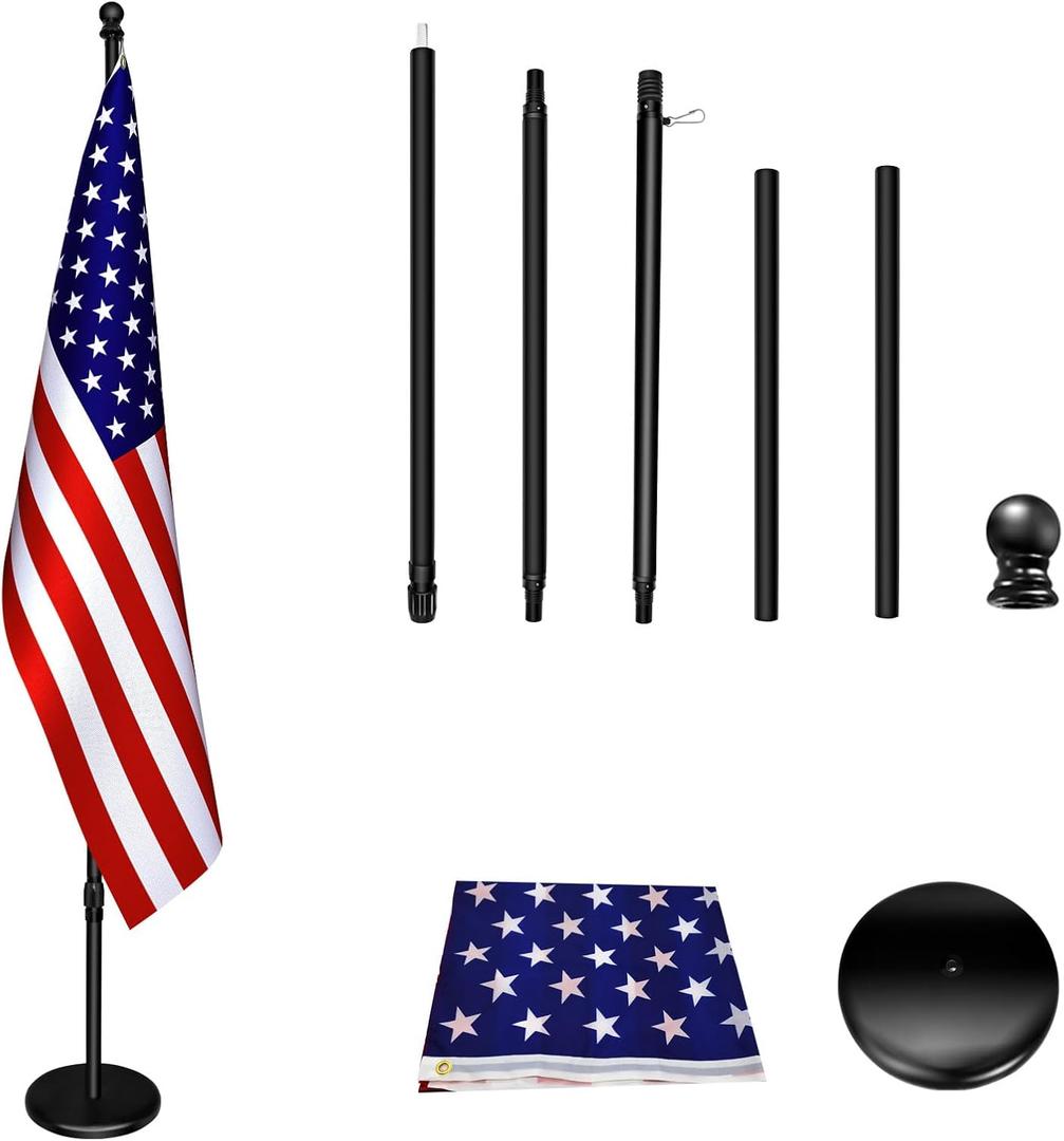 Indoor Flag pole with Base,Telescoping Flag Pole 8FT-9FT, Flagpoles Rotate 360 Degrees, 3X5ft American Flag. Suitable for Office, Auditorium, School, Use(Black-US)