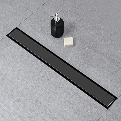 SaniteModar Linear Shower Drain, Black Shower Drain 24 inch with Flat and Tile Insert 2 in 1 Panel, AISI 304 Stainless Steel Black Linear Shower Floor Drain with Hair Strainer and Leveling feet