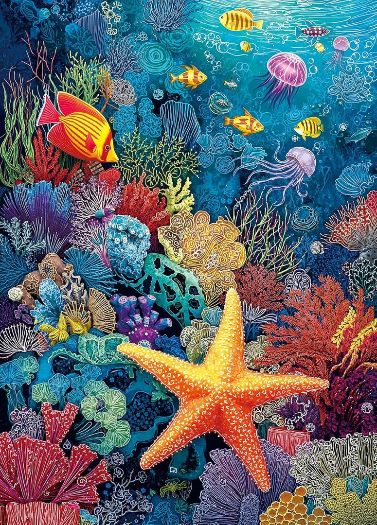 Coral Starfish Jigsaw Puzzles 1000 Pieces for Adults -Challenging Summer Tropical Ocean Coral Jellyfish Art, Premium Matte Finish, 27.56 x 19.68 Inches, Perfect for Game Nights