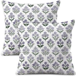 Green Purple Block Print Pillow Covers 18x18 Inch Set of 2 | White Linen Decorative Rustic Boho Throw Pillow Cases, Double-Sided Vintage Floral Printed Cushion Covers for Home Decor