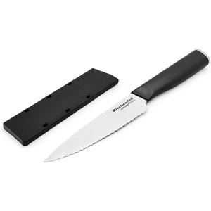 KitchenAid Classic Serrated Utility Knife with Custom Fit Blade Cover, 8 inch, Sharp Kitchen Knife, High Carbon Japanese Stainless Steel Blade, Black