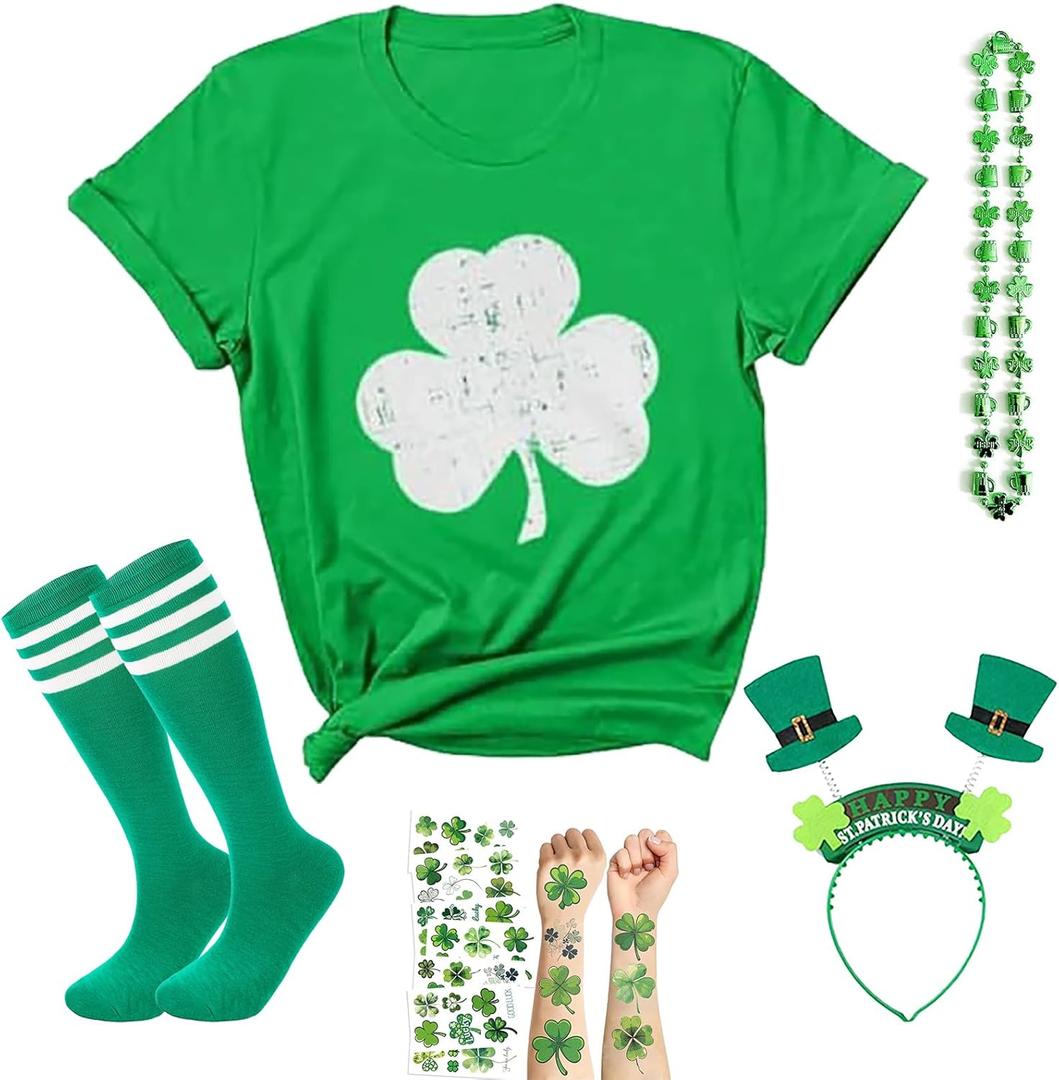 St Patricks Day Shirt Women Short Sleeve Summer T-Shirts Set,Clover Tee Costume Accessories,Irish Shirts for Girl (White), Size Small