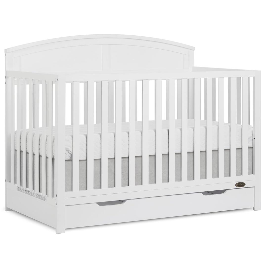 Dream On Me Storybrooke 5-in-1 Convertible Full-Size Crib with Under Drawer, Pebble Grey, GreenGuard Gold & JPMA, Convert to Toddler, Day & Full-Size Bed, 3 Mattress Heights, Sustainable Pinewood (White)