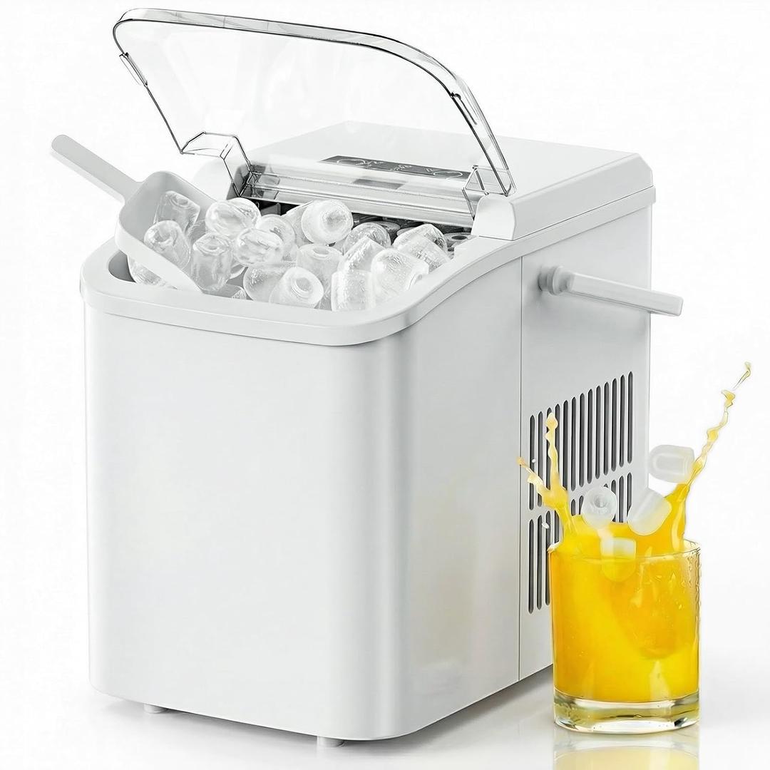 NEWBULIG Ice Makers Countertop with Handle, Portable Ice Machine, 9 Bullet Ice Cubes in 6 Mins, 26lbs in 24Hrs, Auto-Cleaning, with Basket and Scoop, for Home, Kitchen, RV, Camping,White