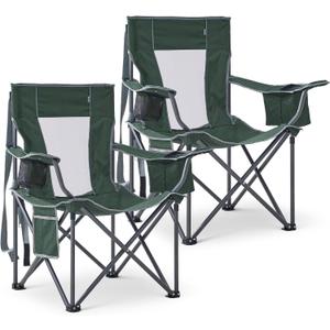 2 Pack Oversized Camping Chair, Folding Outdoor Chair Support 400 Lb, Green | Lightweight Lawn Chairs with Cup Holders, Side Pocket & Cooler Bag, Portable Camp Chair for Outside, Tailgating, Sports, Twin Pack